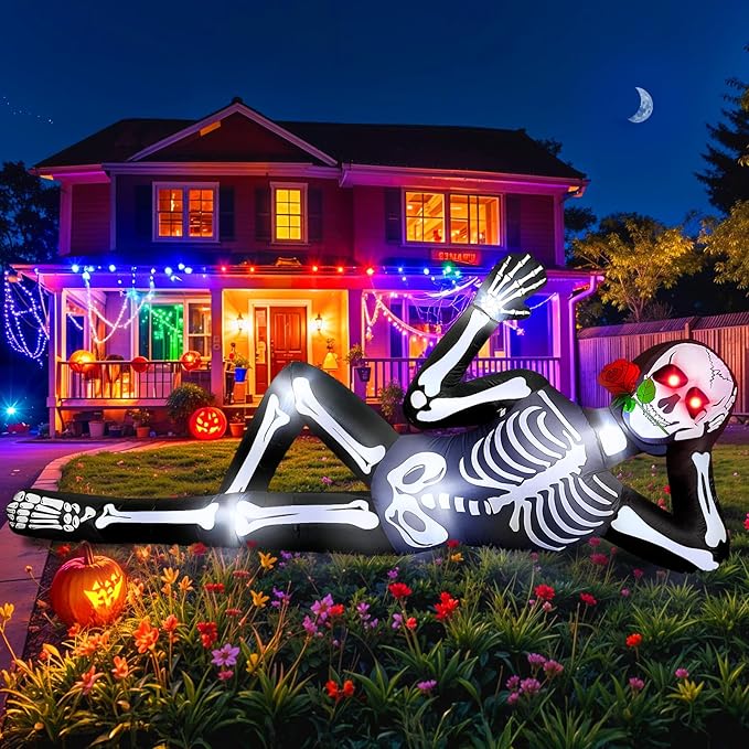 10FT Halloween Inflatable Outdoor Decoration, Halloween Blow Up Yard Decorations with LED Lights, Lying Giant Skeleton Inflatable for Rooftop Garden Lawn Balcony Holiday Party Decorations