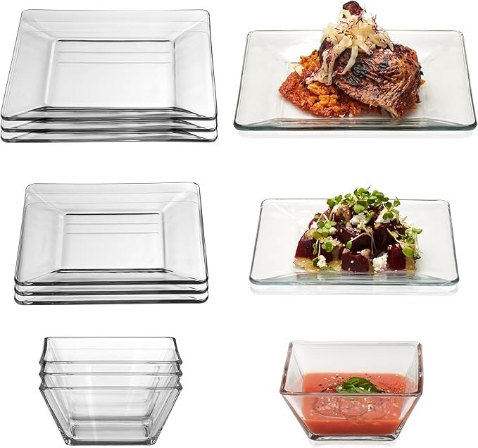 Libbey Tempo Glass Dinnerware Set, Sleek Square Clear Glass Plates and Bowls Set of 12, Dishwasher Safe Glass Dishes Set for Dinners and Parties