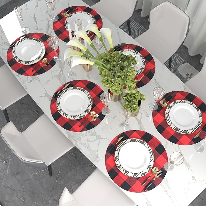 Red & Black Cotton Buffalo Check Round Placemat, Set of 4, 15 Inch eco-Friendly Fabric Handcrafted Machine Washable Indoor & Outdoor Tablemat
