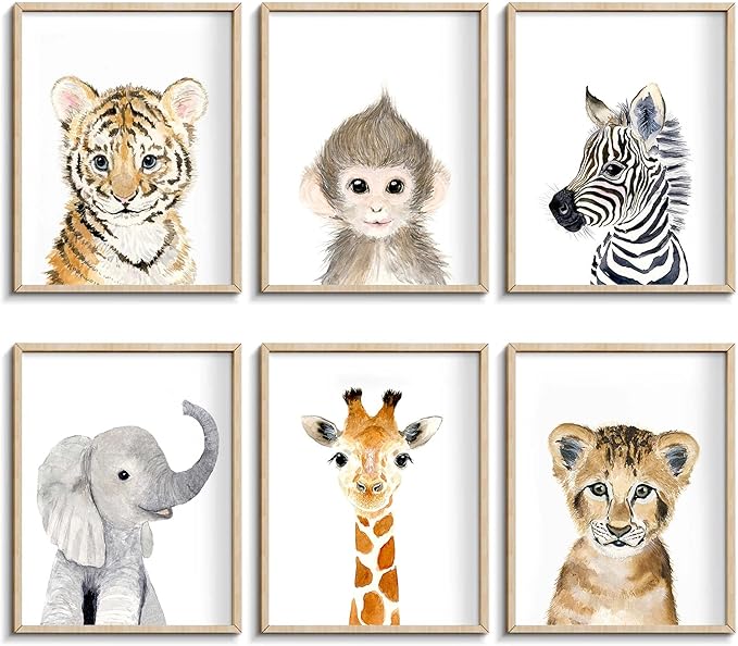 Jungle Safari Wall Art Decor for Baby Nursery Room - Tiger, Lion, Elephant Animal Decorations for Bedroom (12"x16", UNFRAMED)