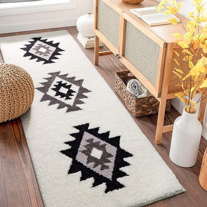 DEXDE Bathroom Runner Rugs 24x60 Boho Long Bath Mat for Bathroom Bedroom Hallway Kitchen Luxury Soft Absorbent Large Bath Rugs Bohemian Carpet Geometric Farmhouse Decor, Black White