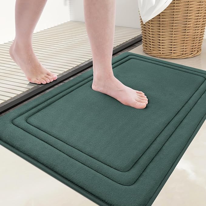 Grandaily Memory Foam Bath Mat Rug 24x16, Ultra Soft, Non-Slip and Absorbent Bathroom Rugs, Machine Wash Dry, Comfortable Bath Carpet for Bathroom Floor, Tub and Shower, Dark Green
