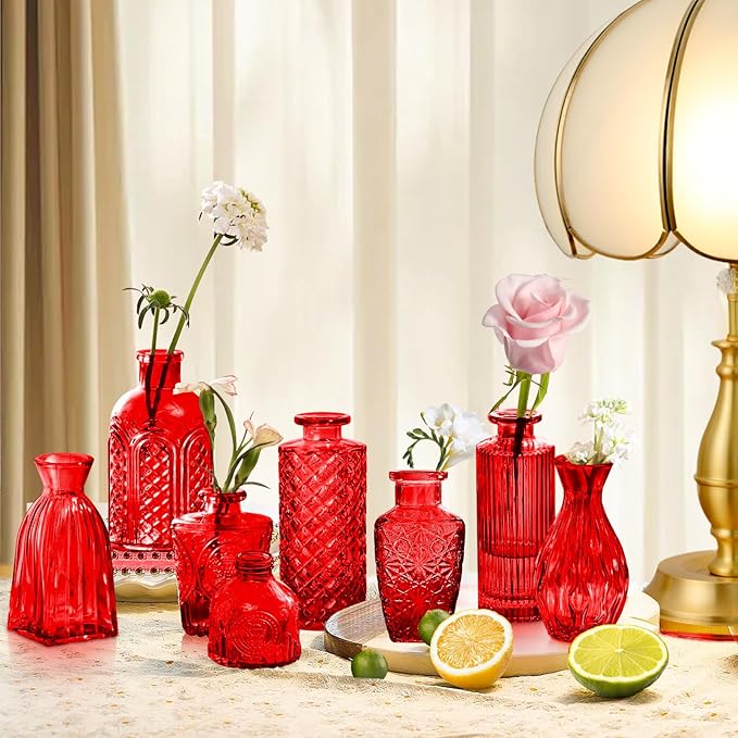 Red Glass Bud Vases Set, 24 Pcs Vintage Small Vases for Flowers, Crystal Mini Glasses in Bulk, Small Flower Design for Centerpieces Wedding Decorations Home Flower Party Decor