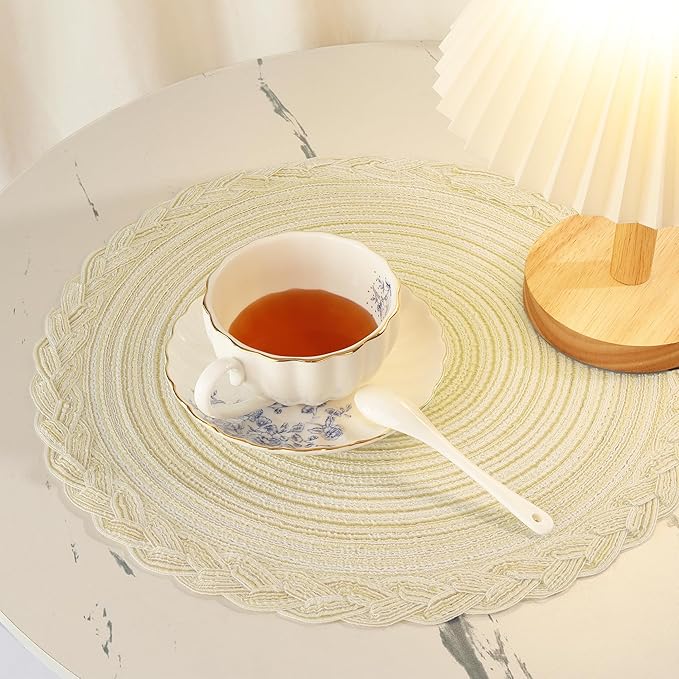 fanquare 15 Inch Beige Braided Placemats Value Set of 8 Round Cotton Placemat with Lace Edge, Perfect for Parties and Everyday Use Fabric Table Mats