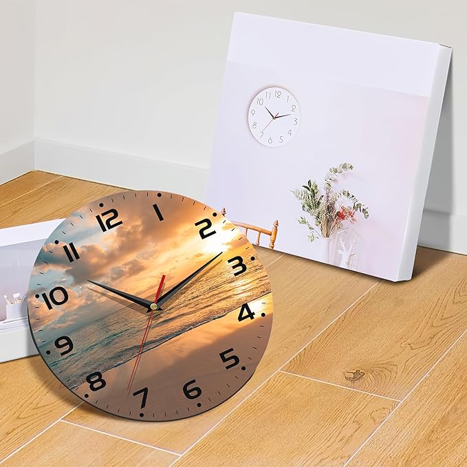 Sunset Beach Wall Clock - Vintage Wooden, Silent Non-Ticking, Battery Operated, Arabic Numerals, Decorative for Kitchen, Office, Classroom - 10 Inch