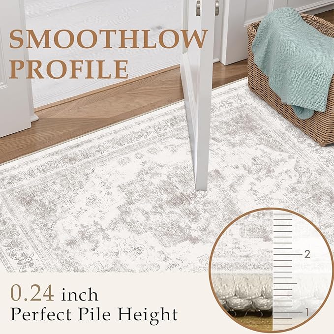 Runner Rug 2x6 Washable Light Gray Hallway Runner Vintage Boho Medallion Non Slip Grey Distressed Retro Carpet Indoor Low Pile Long Soft Rug for Kitchen Entryway Bedroom Bathroom Laundry