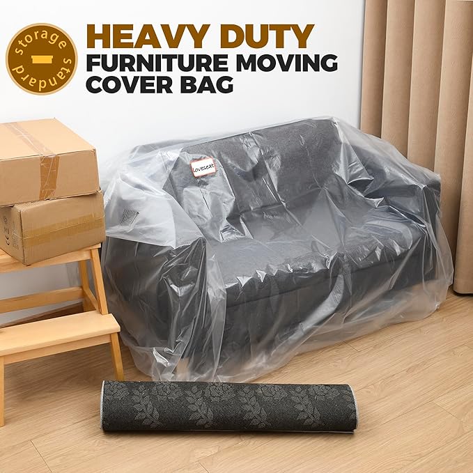 Plastic Furniture Covers for Moving - Heavy-Duty Loveseat Cover for Love Seat, Bench and Large Items, Clear Bags for Renovation, Wrap or Storage - Extra Large Bag Open Size 68 x 42 x 62 Inch