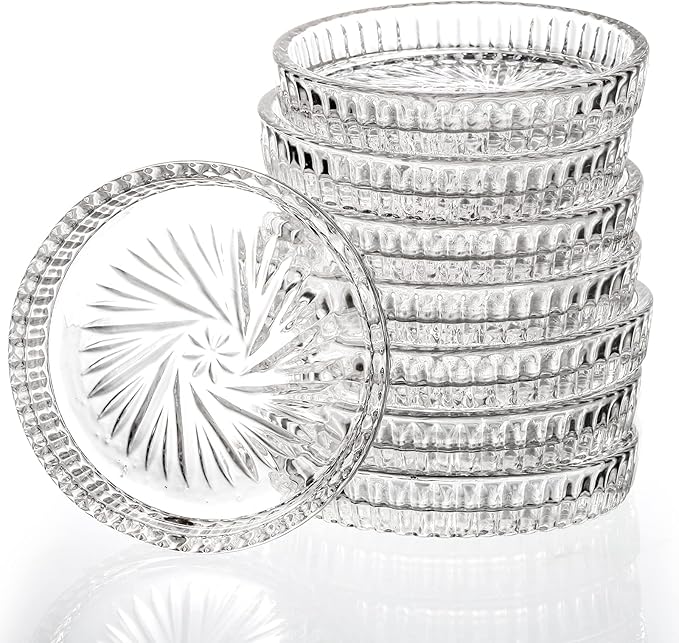AVLA 8 Pack Crystal Drink Coasters, Glass Round Cup Mat, Clear Decorative Wine Bottle Coasters Barware Set for Table Protection of Home Kitchen, Dining Room, Patio, Coffee Shop, 3.75", Carved Design