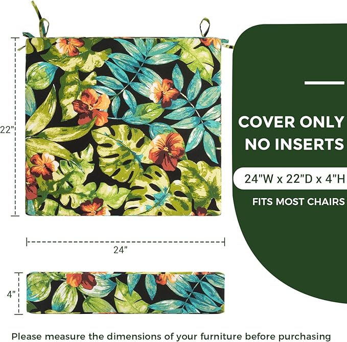 Patio Cushion Covers with Ties, 2 Pack, Outdoor Water Resistant Deep Seat Chair Cushion Slipcover 24x22x4 Inch for Garden Couch Sofa (Replacement Cover Only)-Tropical Green Leaves