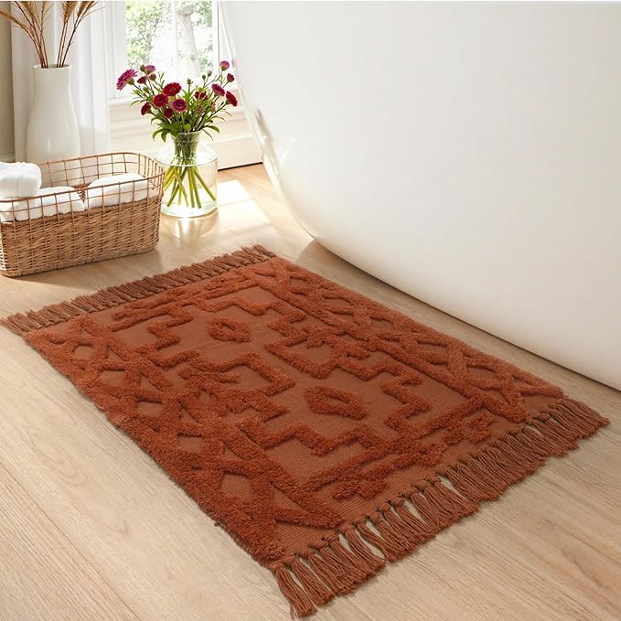 Uphome Boho Bathroom Rug 2' x 3', Washable Small Farmhouse Bedroom Rugs, Terracotta Geometric Bath Mats for Home Decor, Cotton Woven Moroccan Tufted Throw Rug for Entryway Front Door Kitchen