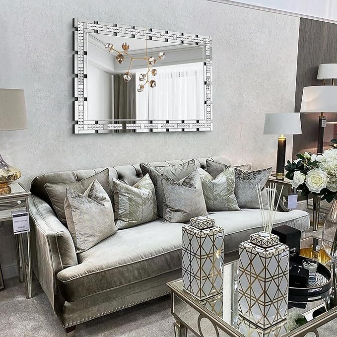 Chende 32" x 47" Large Wall Mirror for Decor, Living Room Decorative Mirror with Crystal, Beveled Edge and Glass Frame, Modern Rectangular Wall Decor Entrance, Fireplace, Home Office