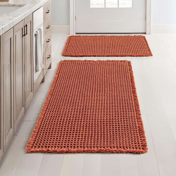 MIULEE Fall Orange Set of 2 Waffle Bathroom Rugs, Boho Bath Rugs Non Slip Washable, Super Absorbent Bath Mats, Ultra Soft Rubber Backed Shower Mats for Bathroom Floor, Tub, 17"x24"+18"x30"