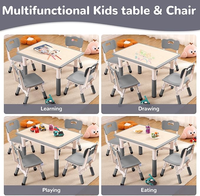 Kids Table and Chairs Set, Height Adjustable Desk With 4 Seats for Ages 2-10,Arts & Crafts Table,Graffiti Desktop, Non-Slip Legs, Max 300lbs, Children Multi-Activity Table for Classrooms,Daycares,Home