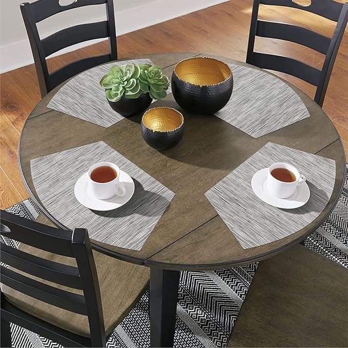SHACOS Small Round Table Placemats Set of 4 Wedge Placemats Heat Resistant Woven Vinyl Table Mats Wipe Clean (4, Silver Gray)