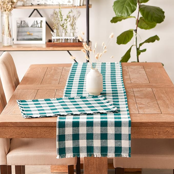 DII Heavyweight Fringed Check Tabletop Collection, Placemat Set, 13x19, Teal, 6 Piece (Pack of 2)