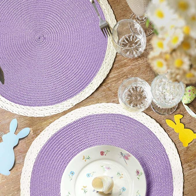 Noctiflorous Round Braided Placemats Set of 4 Table Mats 15 Inches Washable Heat Resistant for Dining Table Non-Slip Indoor Outdoor Place Mats for Easter(02 White Edge Purple 4)