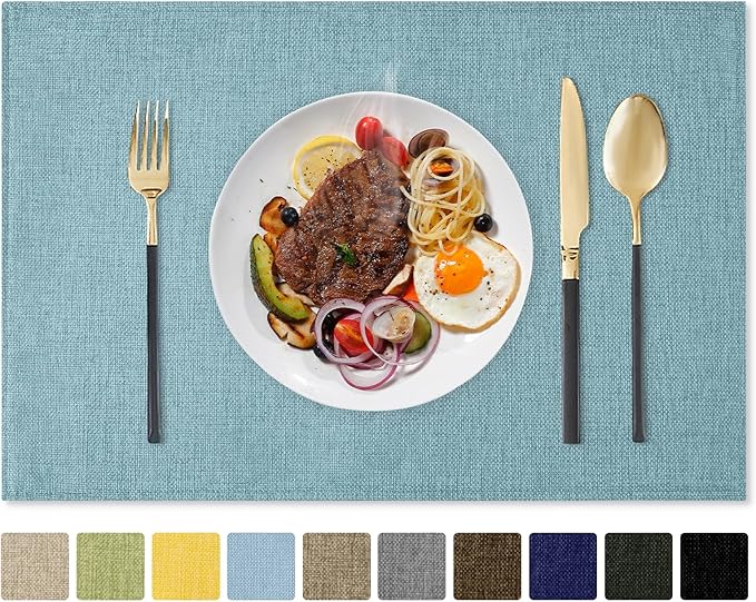 Romanstile Cloth Placemats Set of 8-12 x 18 Inch, Heat Resistant Double Layered Thickened Burlap Place Mats, Washable Linen Farmhouse Table Mats for Kitchen/Dining/Party/Outdoor, Teal
