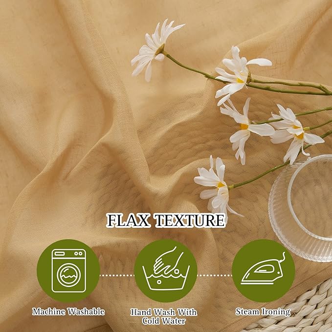 NICETOWN 45 inch Curtains Linen Sheer Textured, Grommet Semi Sheer Linen Curtains & Drapes Privacy with Light Filtering for Nursery/Kitchen, Desert Yellow, W52 x L45, 2 Panels