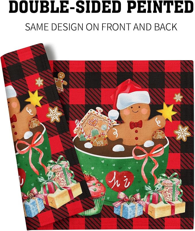 Giwawa Gingerbread Placemats Set of 4, Have A Sweet Christmas Red Black Buffalo Plaids Place Mat, Winter Hot Cocoa Cookie Table Mats 12"x18" for Kitchen Dining Holiday Party Decor