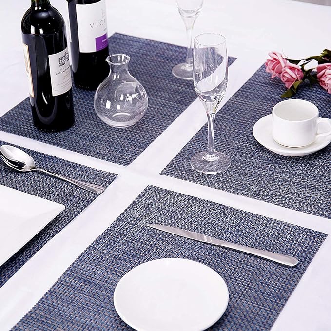 Zupro Placemats Set of 6 Washable Heat-Resistant Non-Slip Braided Table Mats Woven PVC Vinyl Kitchen Place Mats for Everyday use or Dinner Parties BBQs Indoor and Ourdoor Use.18"x12"(Dark Blue Gold)