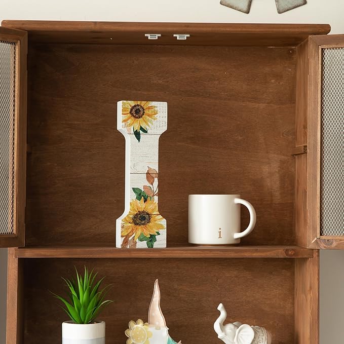 COLLECTIVE HOME - 10" Wood Lettes for Wall Decor, Sunflower Tabletop Alphabet Decoration, DIY Farmhouse Decor, Rustic Freestanding Monogram Block (I)
