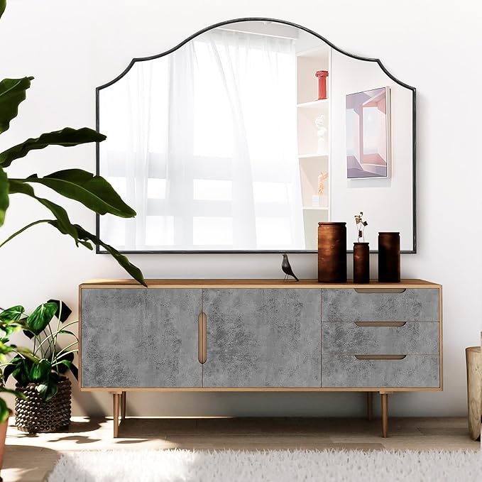 Black Scalloped Wall Mirror: 40"x29" Large Modern Minimalist Vanity Arched Mirror for Home Decor/Living Room/Bedroom/Fireplace/Mantle/Entryway