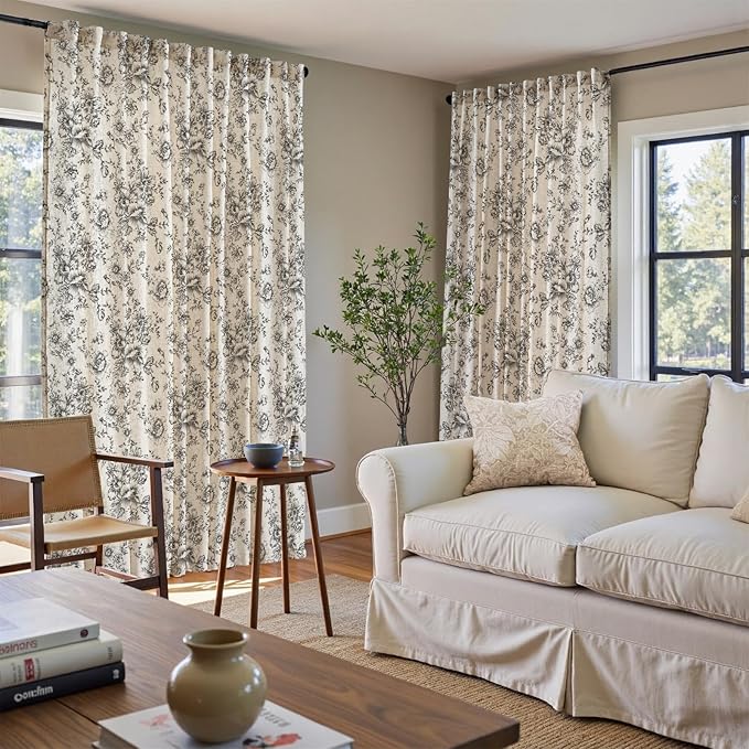 jinchan Linen Floral Curtains Extra Wide for Patio Sliding Glass Door Room Divider Curtain for Living Room 108 Inch Length Farmhouse Peony Black Printed Curtain Set 1 Panel