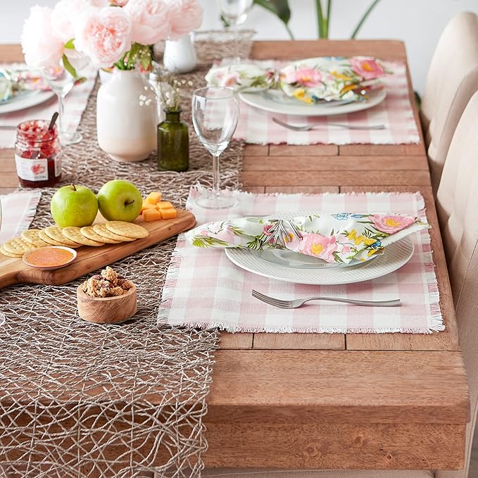 DII Heavyweight Fringed Check Tabletop Collection, Placemat Set, 13x19, Pale Mauve, 6 Piece