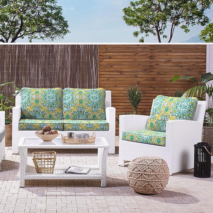 LVTXIII Outdoor Deep Seat Cushion Patio Seat and Back Cushion Set Seasonal Chair Cushion for Dining Arm Chairs, Wicker Chairs and Garden Furniture Decoration, 24"x24"x4", Damask Green