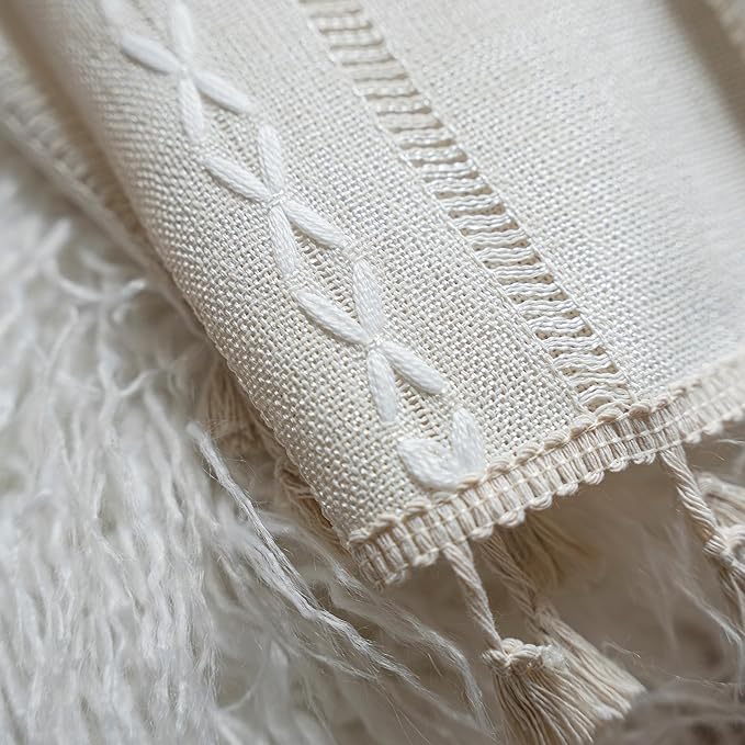 Sutuo Home Boho Curtains for Bedroom Living Room 84 Inches Long, Semi-Blackout Rustic Country Linen Embroidery Vintage Chic Tassels Hollow Window Treatment Bohemian Drape, 1 Panel 52" W x 84" L, Ivory