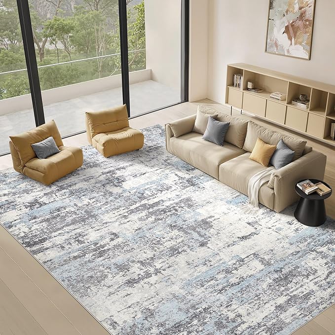 Area Rugs for Living Room: 8x10 Abstract Washable Rug Modern Neutral Large Soft Stain Resistant Non-Slip Backing Machine Table for Bedroom Dining Room Indoor Home Office Carpet - Blue Grey