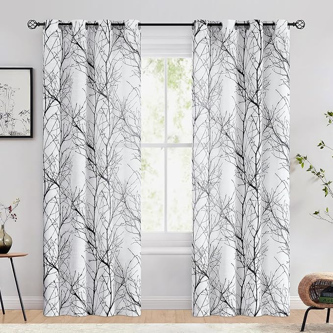 FMFUNCTEX Linen Semi Sheer Curtains for Bedroom, Black White Curtains 84 Inches Long for Living Room, Grey Tree Branch Patterned Curtain Light Filtering Farmhouse Window Drapes, Grommet Top 2 Panels