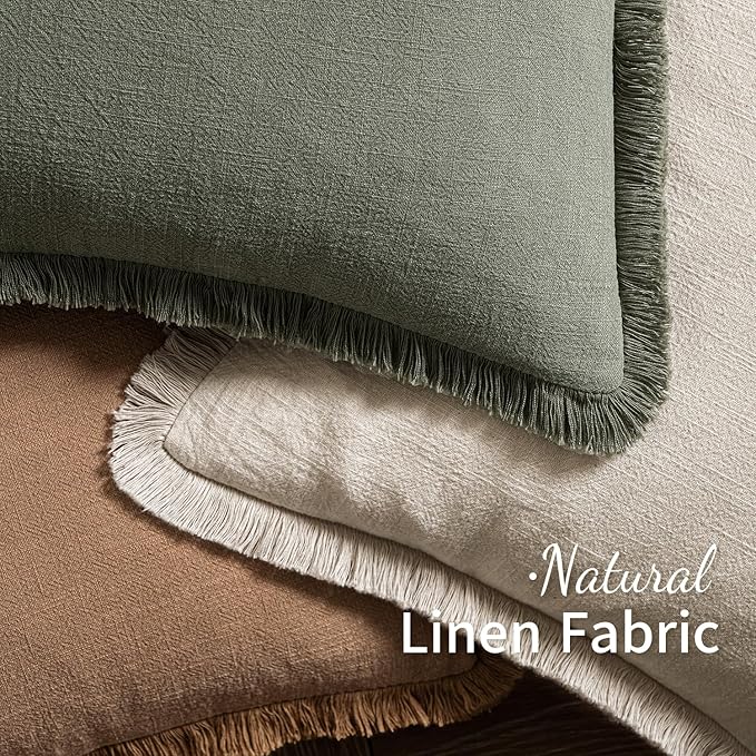 MIULEE Decorative Throw Pillow Covers Neutral Linen Fringe Throw Pillows Euro Shams Set of 2 Brown Boho Farmhouse Cushion Covers for Couch Sofa Bed Living Room Spring Home Decor 24x24 Inch