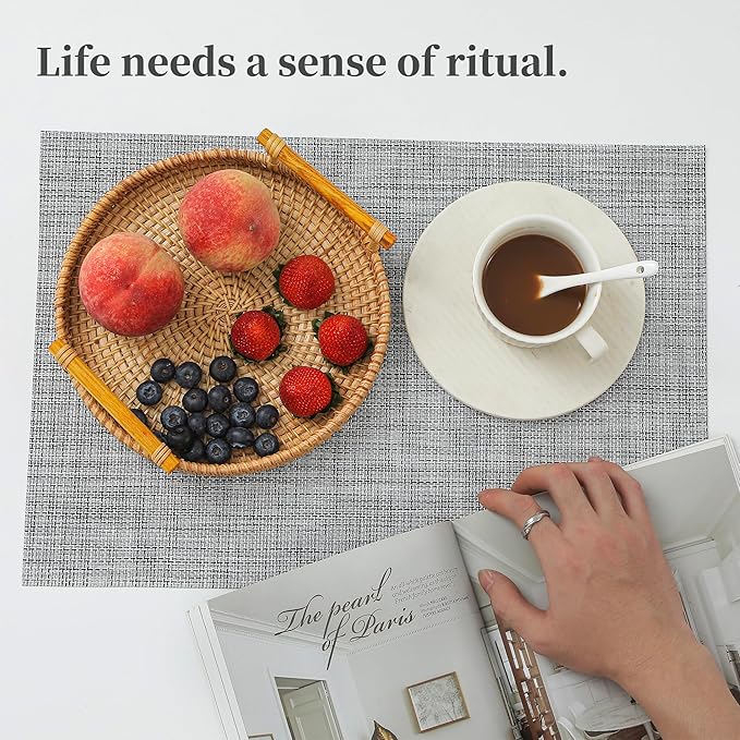 Leetaltree Linen Grey Placemats Set of 4 - Heat Resistant Non-Slip Place mats for Dining Table, Washable Durable PVC Vinyl Woven Table Mats(Linen Grey, 4)