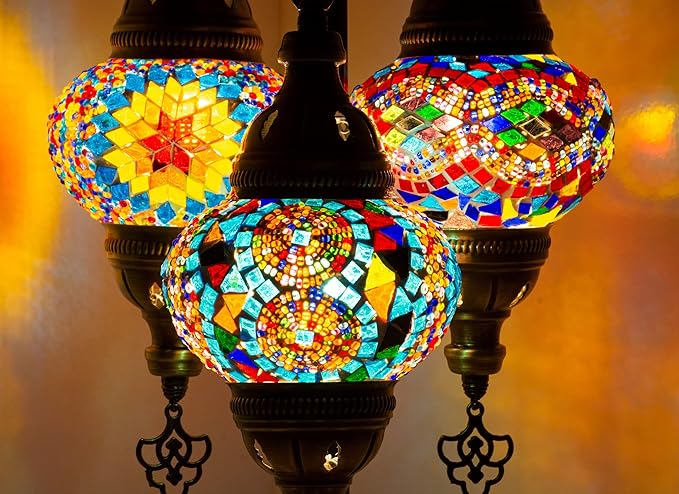 mozaist Tiffany Style Turkish Stained Glass Table Lamp, 3 Globe Mosaic Moroccan Desk Light, Bohemian Vintage Bedroom Nightstand, Antique Handmade Rustic Decor Colorful Lighting (Cappadocia Balloon)