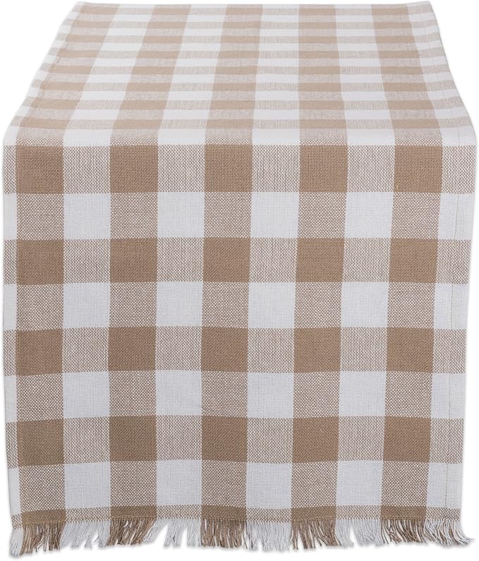 DII Heavyweight Fringed Check Tabletop Collection, Table Runner, 14x108, Stone Brown