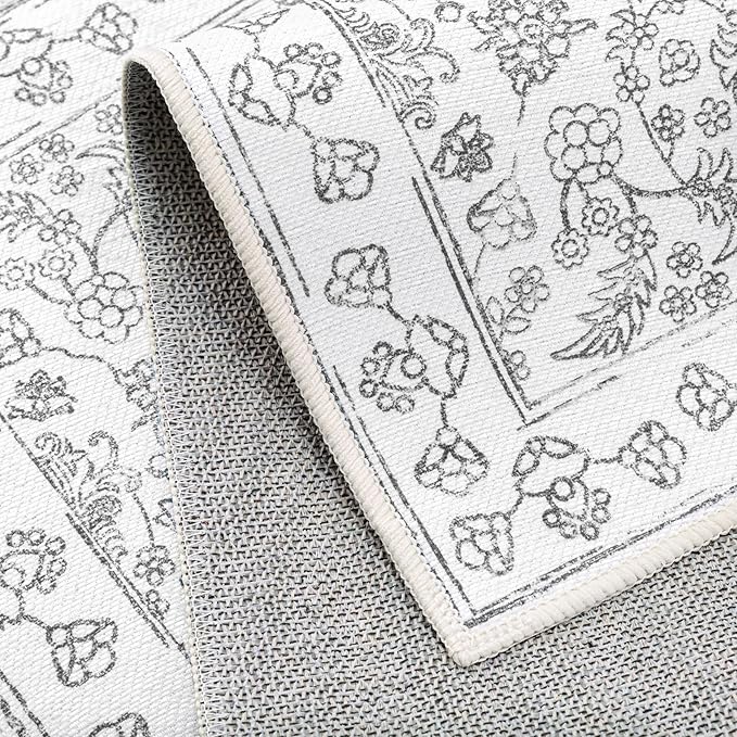 Floral Area Rug 4x6 Washable Entryway Grey Carpet Non Slip Boho Thin Farmhouse Throw Accent Rug for Living Room Bedroom Office Kitchen Bathroom