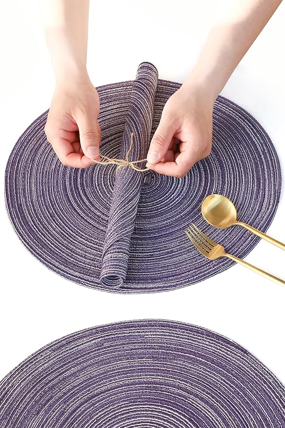 Floroom 15 Inch Round Braided Placemats Set of 4, Washable Heat Resistant Cotton Polyester Circle Place Mats for Kitchen Dining Table - Lavender