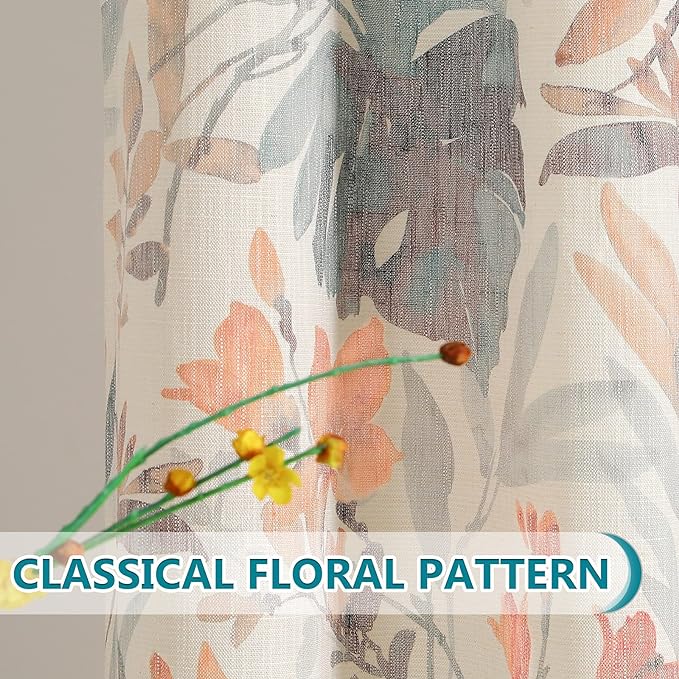 MYSKY HOME Floral Curtains 54 inches Long Light Filtering Curtain for Living Room, Drapes for Bathroom Flower Printing Window Treatment Grommet 2 Panels,Coral and Natural