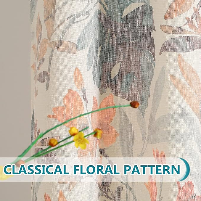 MYSKY HOME Floral Curtains 84 inches Long Printed Grommet Cotton Curtains for Living Room Bedroom Light Filtering Linen Style Curtain Burlap Effect Drape Window Treatments, 2 Panel Coral and Natural