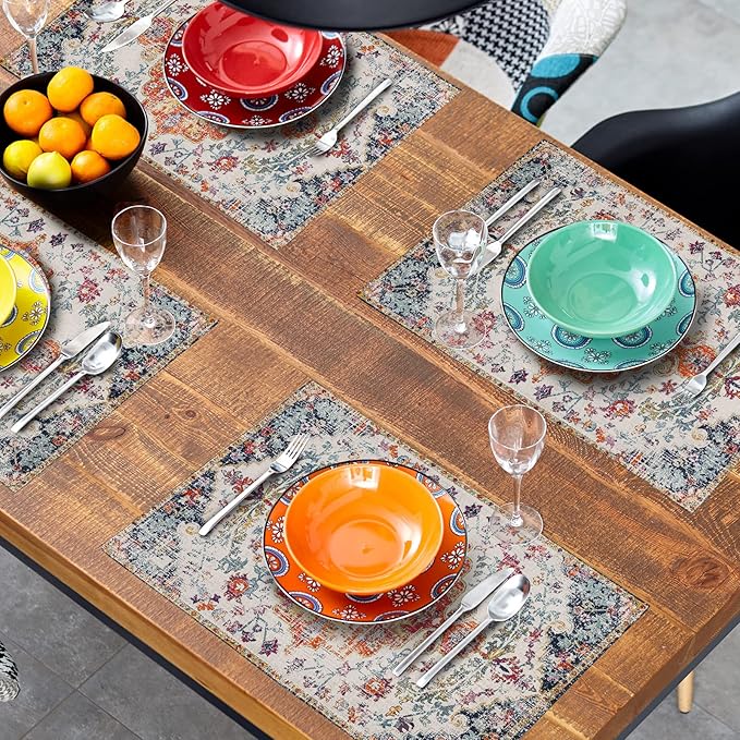 Boho Carpet Placemats Set of 4 Vintage Orange Blue Ethnic Bohemian Floral Carpet Linen Washable Kitchen Dining Table Mats Stain Heat-Resistant Desktop Decor Place Mats for Home Party Indoor 12x18 in