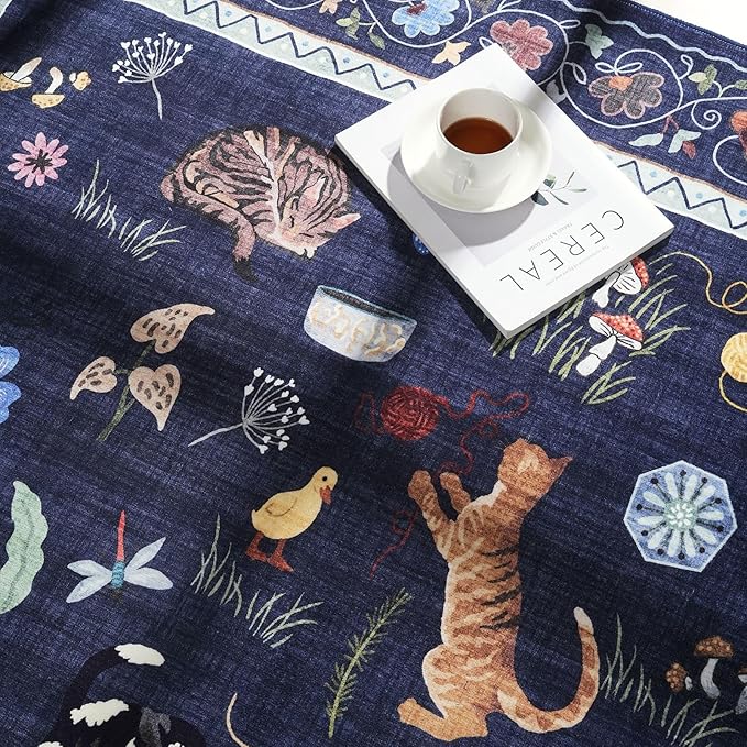 Runner Rug for Kitchen Non Slip 2'6''x8' Washable Rugs with Rubber Backing Soft Floral Animal Cat Carpet Runner for Kitchen Laundry Bedroom Bathroom, Cobalt Blue