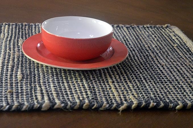 Chardin home | Natural Jute Placemats Set of 4 | 13x19 Inch Rustic Farmhouse Place mats | Table mats Colors - Natural Jute and Black Charcoal.