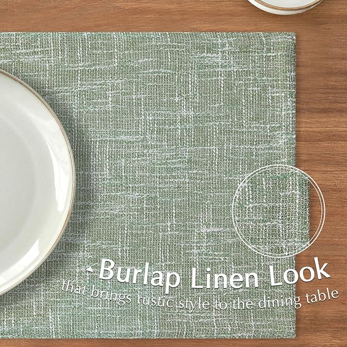 JINCHAN Burlap Textured Placemats Set of Four Farmhouse Cloth Place Mats Table Mats Sturdy Fabric Placemats for Kitchen Dining Table Double Layer Heat Resistant Tablemats 13 x 19 Inch Green