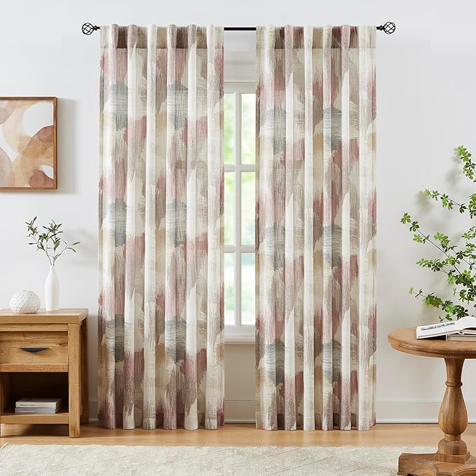 Kayne Studio Red Tan Boho Semi Sheer Curtains for Living Room Watercolor Abstract Pattern Light Filtering Drapes, 84 Inches Long Colorful Window Panels,Backtab Rod Pocket,52W x 84L Brown,2 Panels