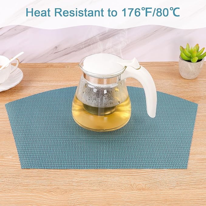 SHACOS Round Table Placemats Set of 4 Small Wedge Placemat Wipe Clean Heat Resistant Woven Vinyl Round Table Mats (4, Gray Blue)