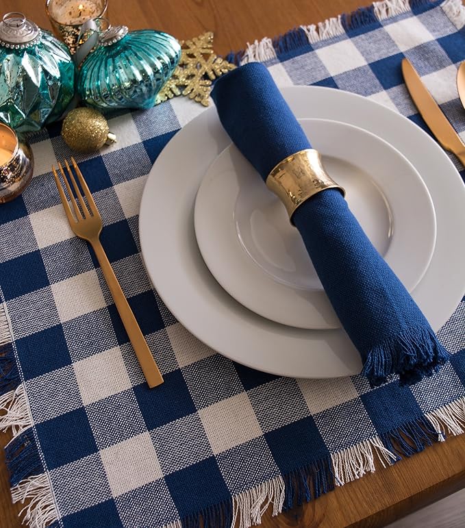DII Heavyweight Fringed Check Tabletop Collection, Placemat Set, 13x19, Navy, 6 Piece