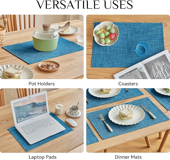 Softalker Faux Linen Placemats Set of 4-12 x 18 Inch, Heat Resistant Double Layered Durable Burlap Farmhouse Place Mats, Non-Slip Washable Rustic Table Mats for Dining, Kitchen, Party(Sky Blue