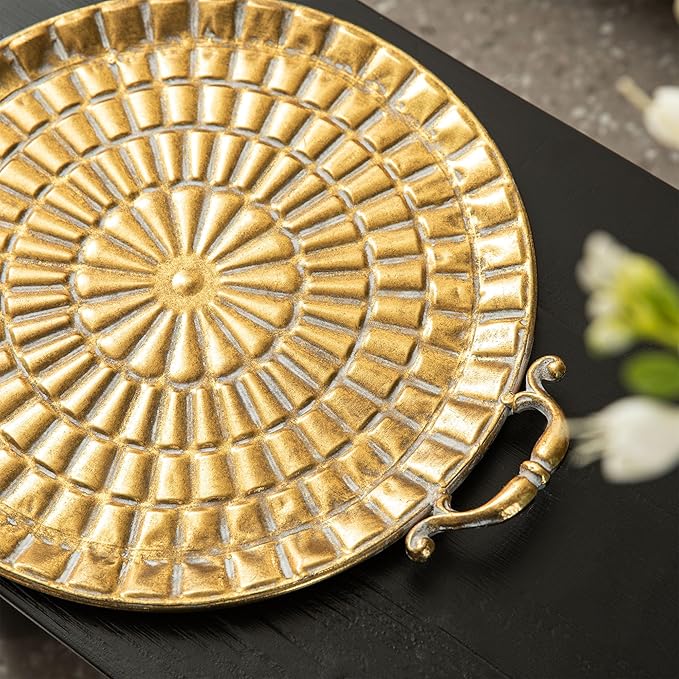 Glitzhome Set of 2 Vintage Decorative Trays with Handles, Metal Large Round Gold Embossed Jewelry Decorative Trays, Bathroom Dresser Vanity Trays