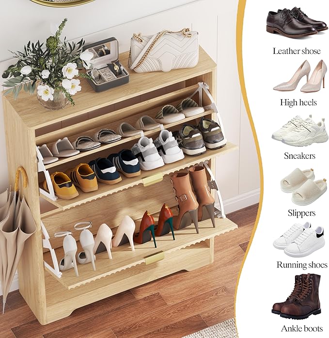 Shoe Cabinet Storage for Entryway with 2 Flip Drawers, Oak Fluted Shoe Cabinet with Open Storage, Wooden Hidden Shoe Rack Freestanding Narrow Slim Shoes Organizer for Hallway, Entrance